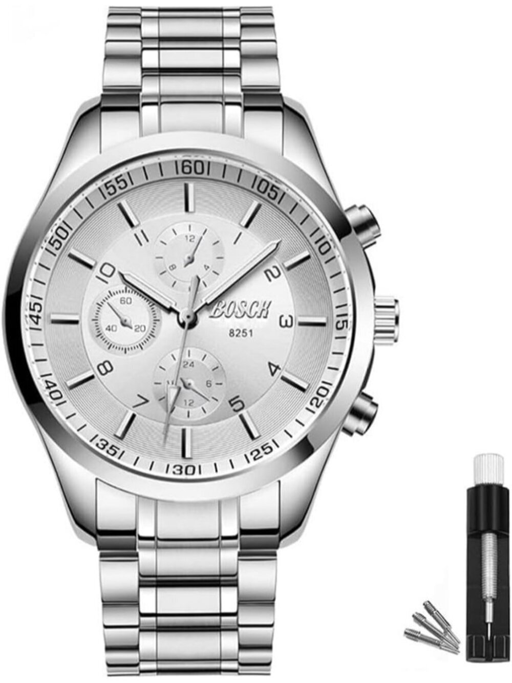 Men's Silver Analog Quartz Stainless Steel Chronograph Waterproof Wrist Watch